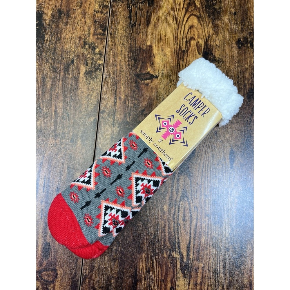 Camper Socks by Simply Southern Knit Sherpa Lined One Size‎ Fits Most Red Gray
